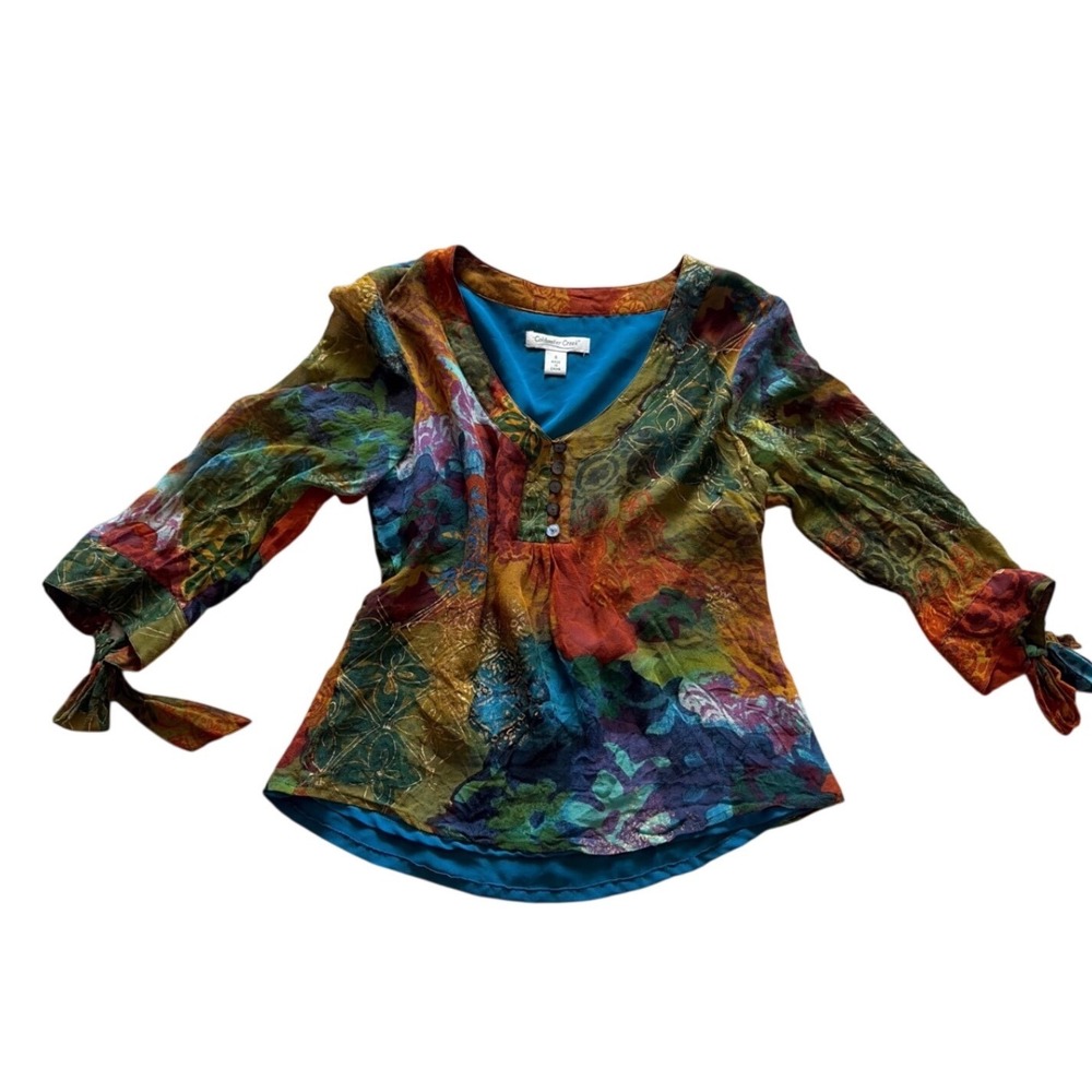 Blouse Silk Boho Fairycore Coldwater Creek Women S Multi Color Hippie Tie Sleeve